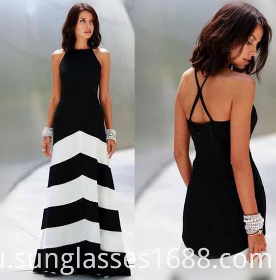 Черно-белое полосатое платье без рукавов Black And White Striped Stitching Sleeveless Dress